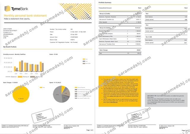South Africa Tyme Bank account statement Word and PDF template, 2 pages